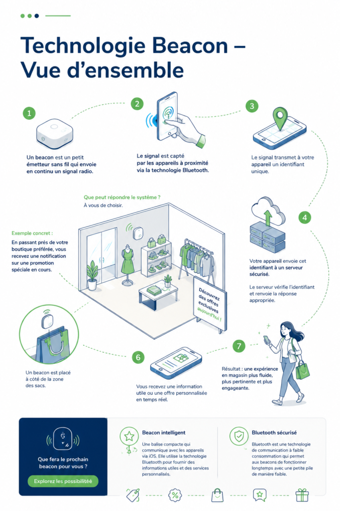 Illustration expliquant le fonctionnement de la technologie Beacon dans un environnement d'entreprise.