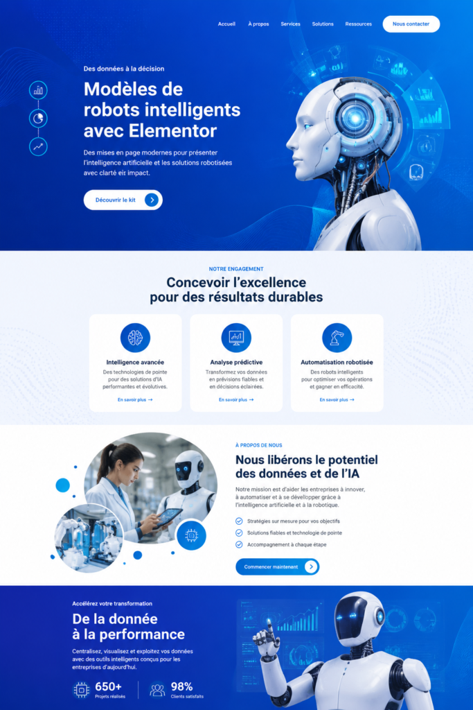 Template Elementor axé sur l'intelligence artificielle et la robotique, montrant un design moderne et professionnel.