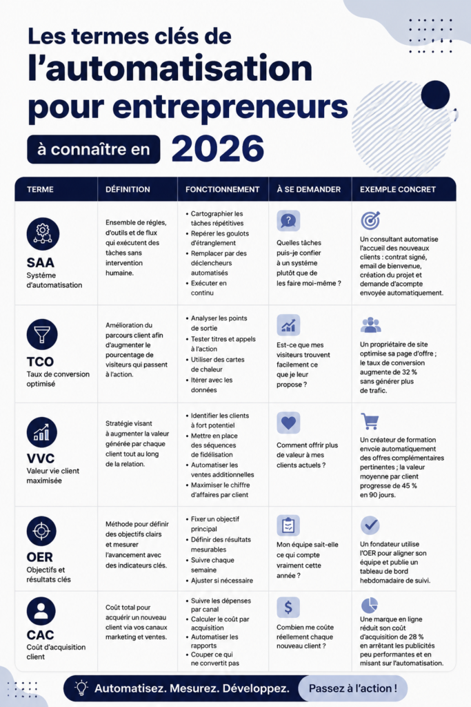 Image illustrant des termes clés de l'automatisation pour les entrepreneurs en 2026.