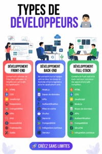 Un groupe de développeurs travaillant sur des ordinateurs dans un bureau moderne, illustrant les différents types de développement.