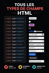 Démonstration des types d'input HTML sur un écran d'ordinateur.