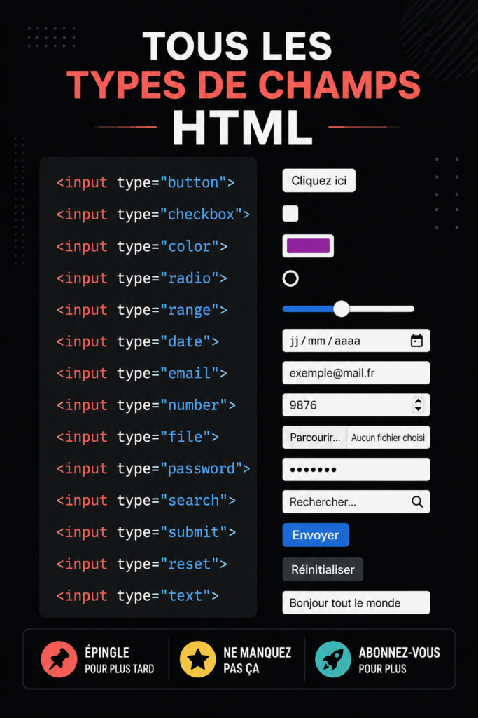 Démonstration des types d'input HTML sur un écran d'ordinateur.