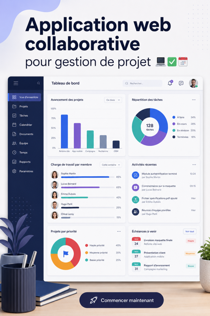 Femme utilisant une application collaborative pour gérer un projet