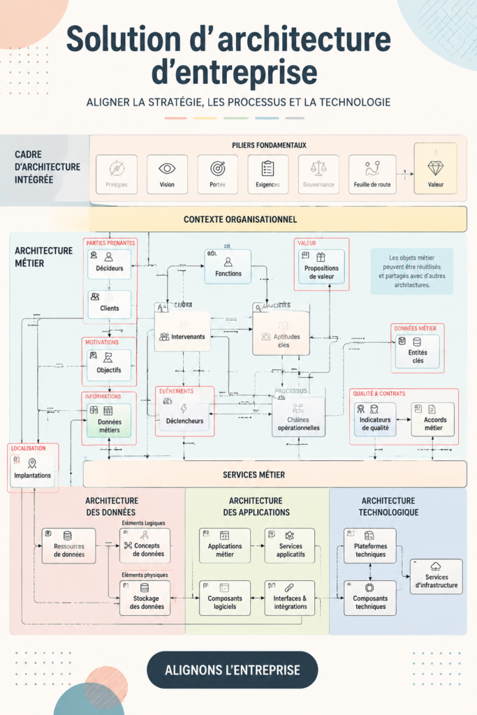 Représentation visuelle d'une architecture d'entreprise documentaire avec des processus et des systèmes interconnectés.