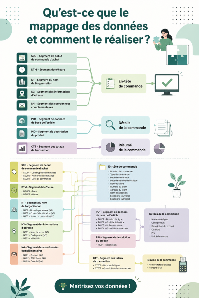 Illustration d'une cartographie des données avec des éléments représentatifs des processus de gestion d'informations.