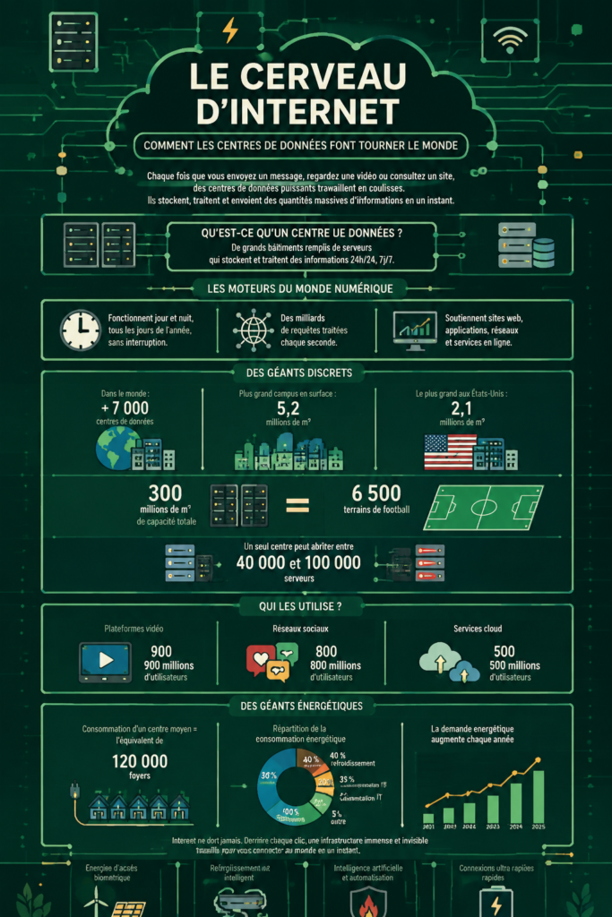 Infographie illustrant le cerveau d'Internet et ses composants clés.