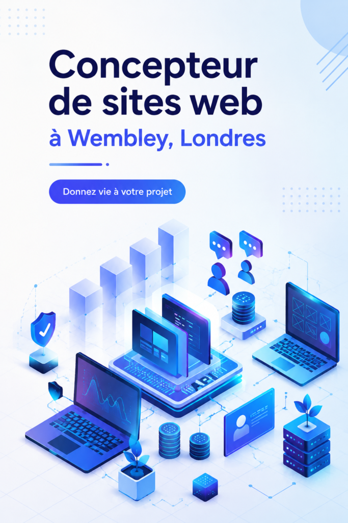 Femme consultant un designer de site web à Wembley, entourée d’ordinateurs et de graphiques.