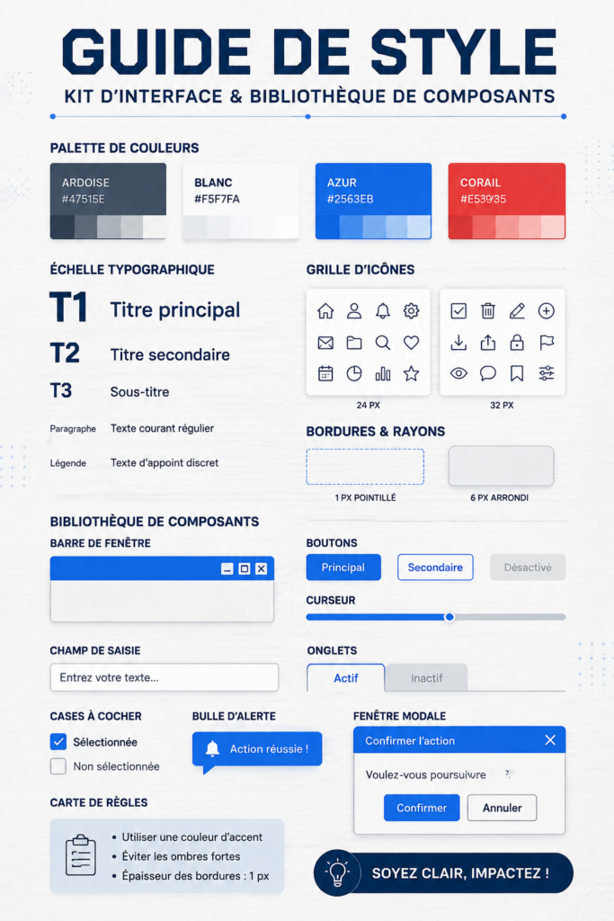 Un aperçu d'un guide de style pour le design AI, montrant des palettes de couleurs et des typographies.