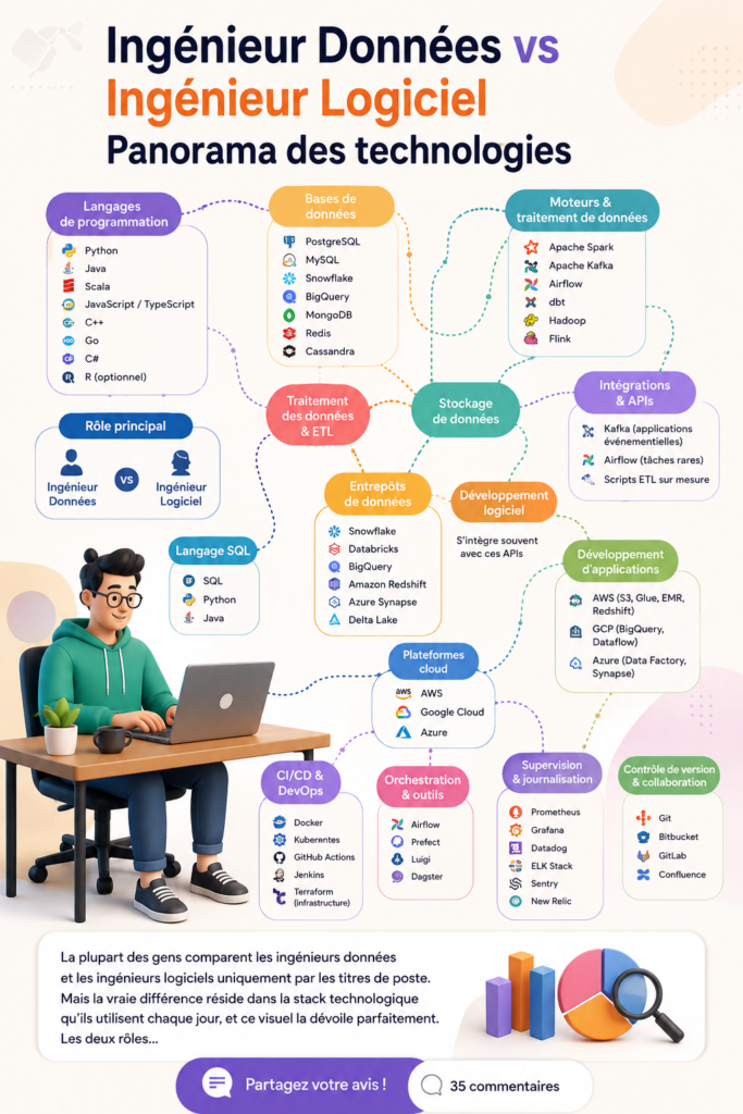 Comparaison visuelle entre les ingénieurs de données et les développeurs logiciels.