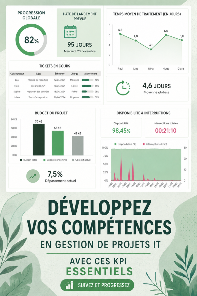 Femme travaillant sur un projet informatique, entourée de graphiques de performance KPI.