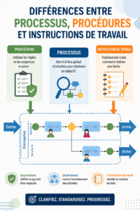 Diagramme expliquant les différences entre processus, procédures et instructions de travail dans un contexte professionnel.