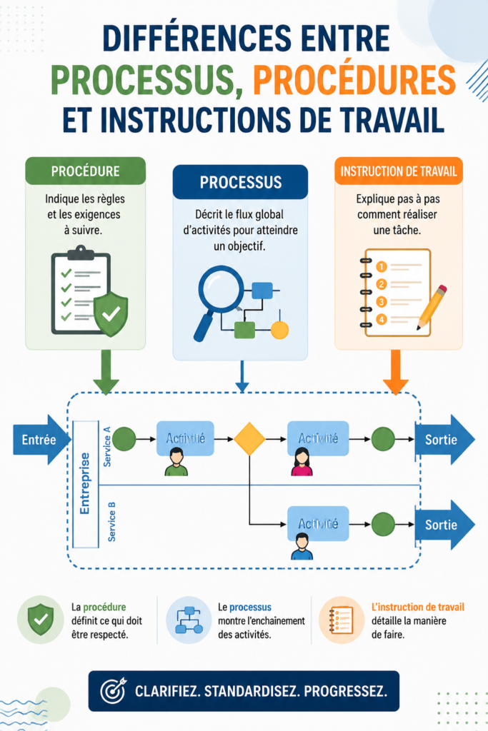 Diagramme expliquant les différences entre processus, procédures et instructions de travail dans un contexte professionnel.