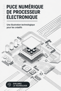 Illustration d'une puce électronique moderne sur un fond technologique.