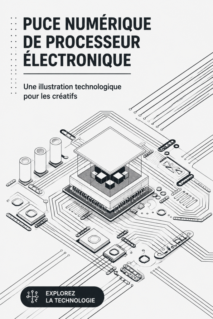 Illustration d'une puce électronique moderne sur un fond technologique.
