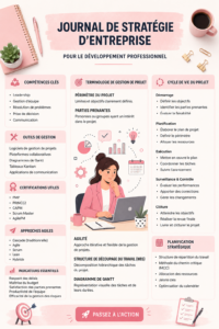 Femme utilisant un ordinateur avec un journal de stratégie d'entreprise ouvert sur la table