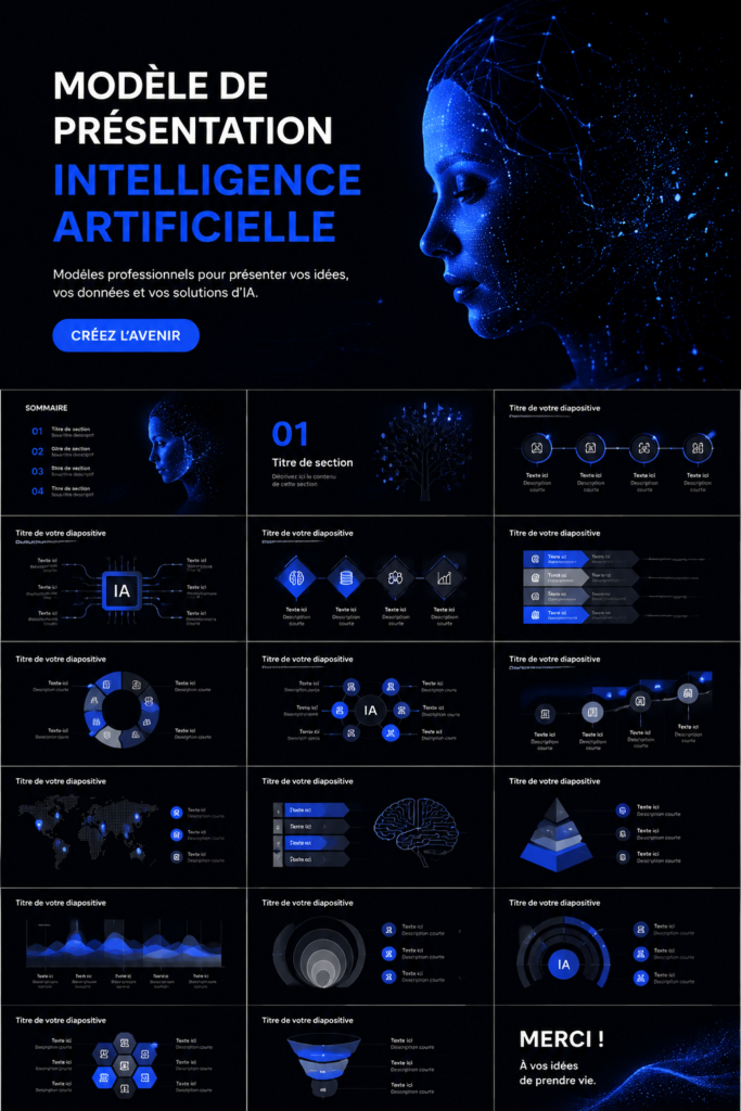Modèle PowerPoint présentant des éléments d'intelligence artificielle, alliant modernité et praticité.