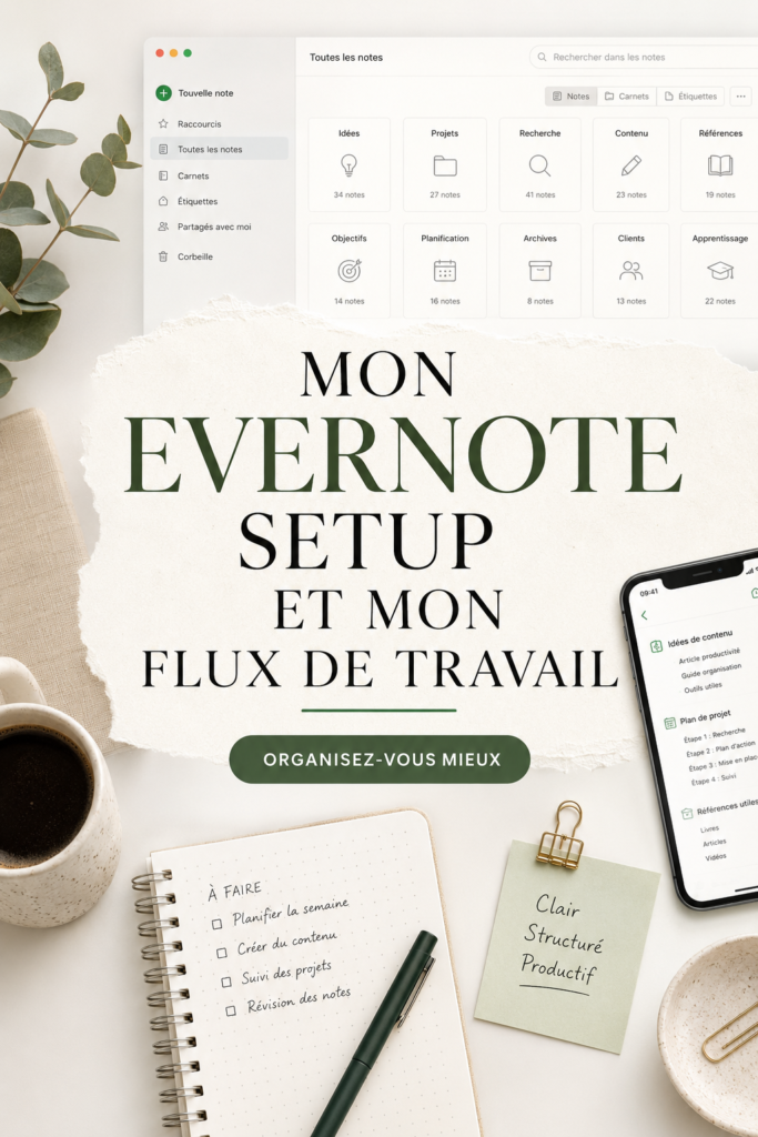 Capture d'écran d'une interface Evernote bien organisée avec des notes et des tâches.