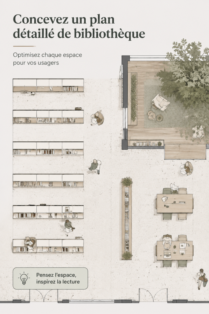 Un plan d'étage de bibliothèque détaillé avec différents espaces de lecture et de rangement.