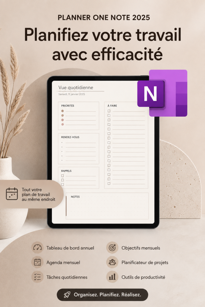 Capture d'écran d'un planner OneNote 2025 avec une interface conviviale pour l'organisation