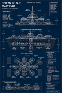 Schéma illustratif d'une base martienne sur la planète rouge.
