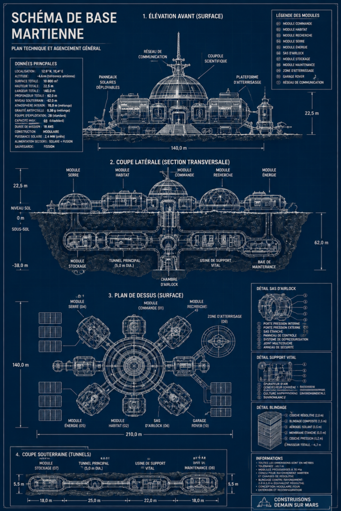 Schéma illustratif d'une base martienne sur la planète rouge.