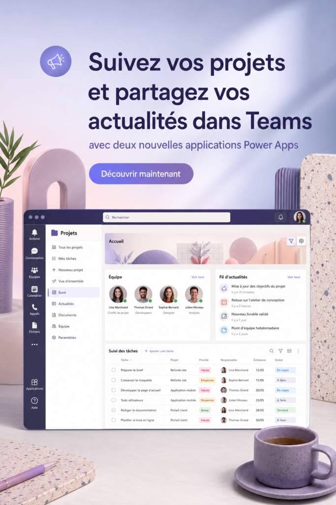 Capture d'écran d'une application Power Apps intégrée dans Teams utilisée pour le suivi de projets.