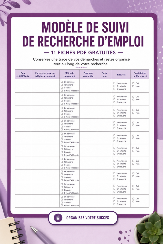 Modèle de suivi de recherche d'emploi sur un bureau avec un ordinateur et des notes.
