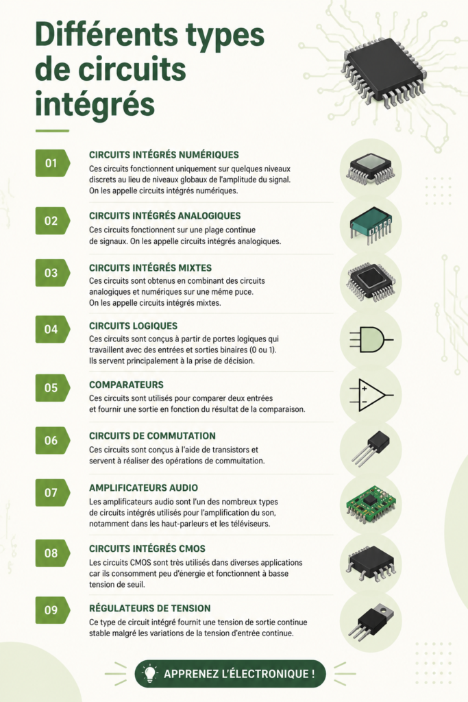 Image illustrant différents types de circuits intégrés en électronique.