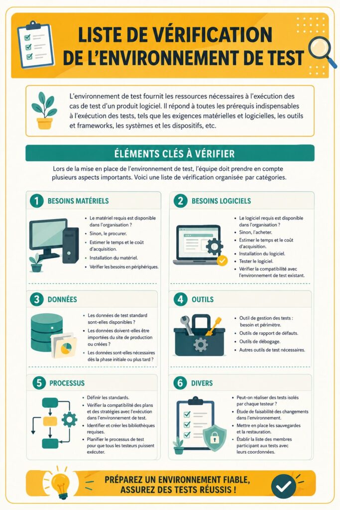 Checklist pour un environnement de test efficace incluant des éléments essentiels