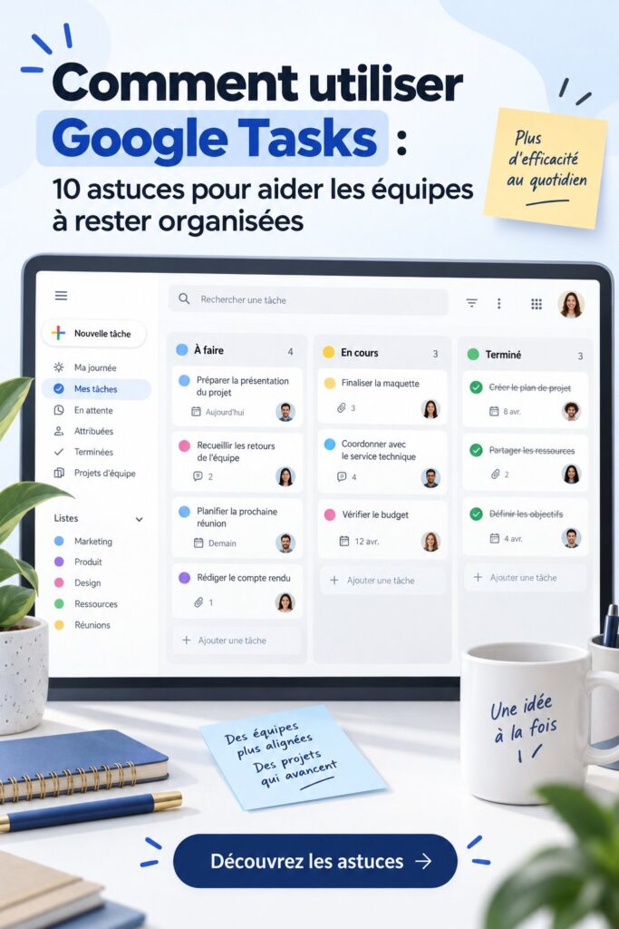 Capture d'écran de l'interface de Google Tasks sur smartphone, montrant différentes listes de tâches.