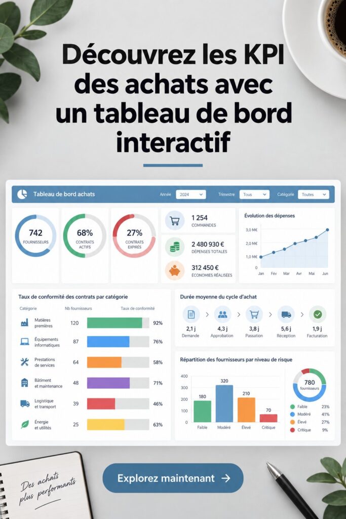 Un tableau de bord interactif affichant des KPIs d'approvisionnement clair et engageant.