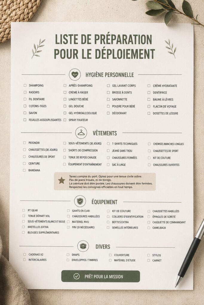 Liste de packing pour un déploiement réussi avec des accessoires essentiels.