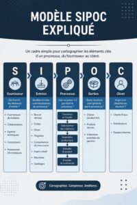 Modèle SIPOC avec ses composants clés: Fournisseurs, Intrants, Processus, Extrants, Clients.