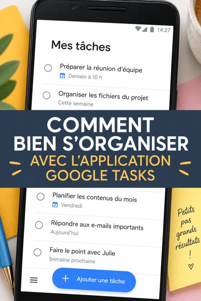 Capture d'écran de l'application Google Tasks montrant une liste de tâches organisées