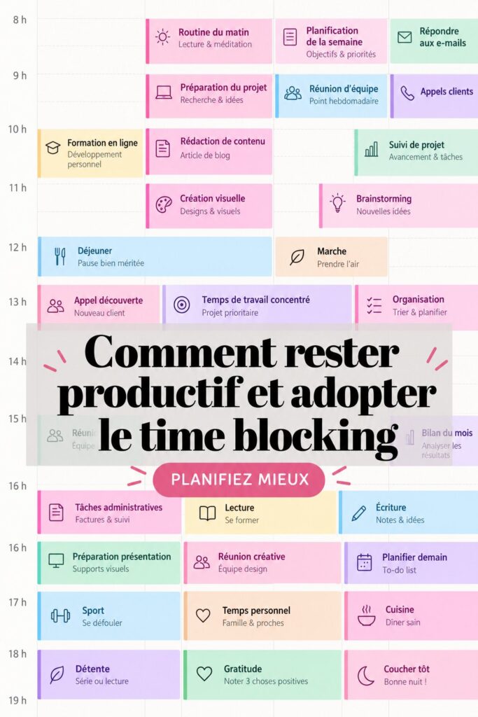 Femme travaillant sur un projet avec un planning coloré sous les yeux, illustrant le concept de time blocking