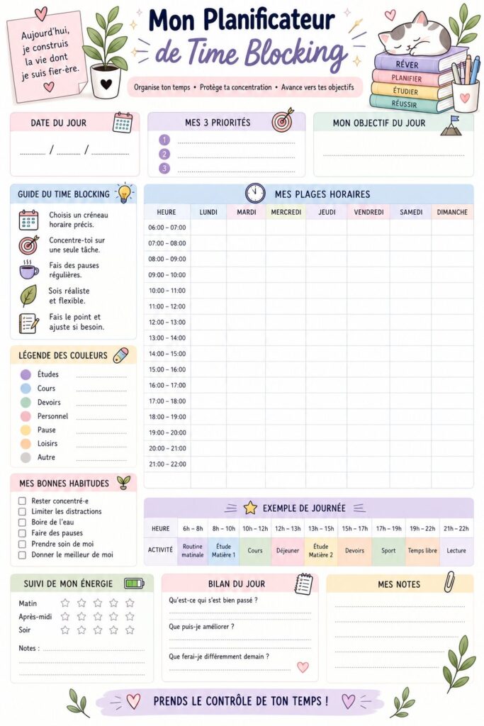 Femme utilisant un planificateur Time Blocking pour organiser son temps de manière efficace.
