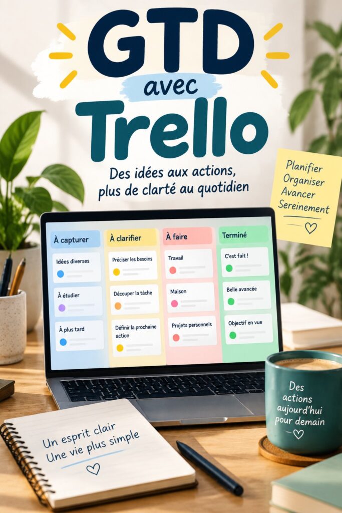 Capture d'écran de Trello avec une liste de tâches organisées selon la méthode GTD.