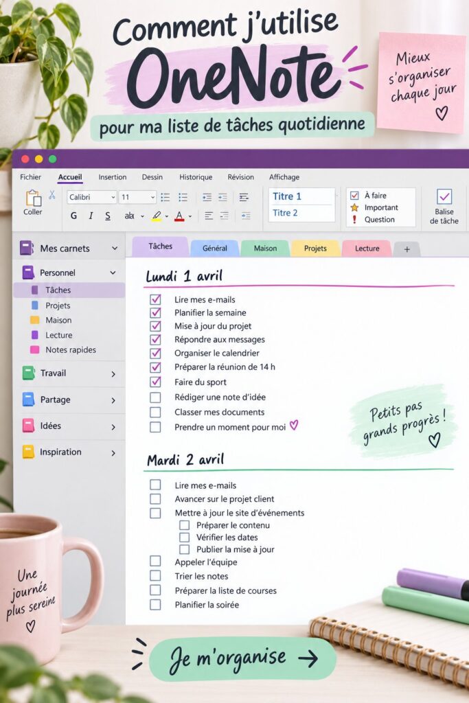 Capture d'écran de OneNote montrant une liste de tâches organisée.